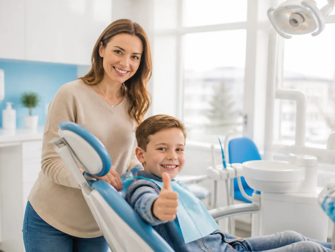 A child giving a thumbs up in the dental chair while their parent stands beside them