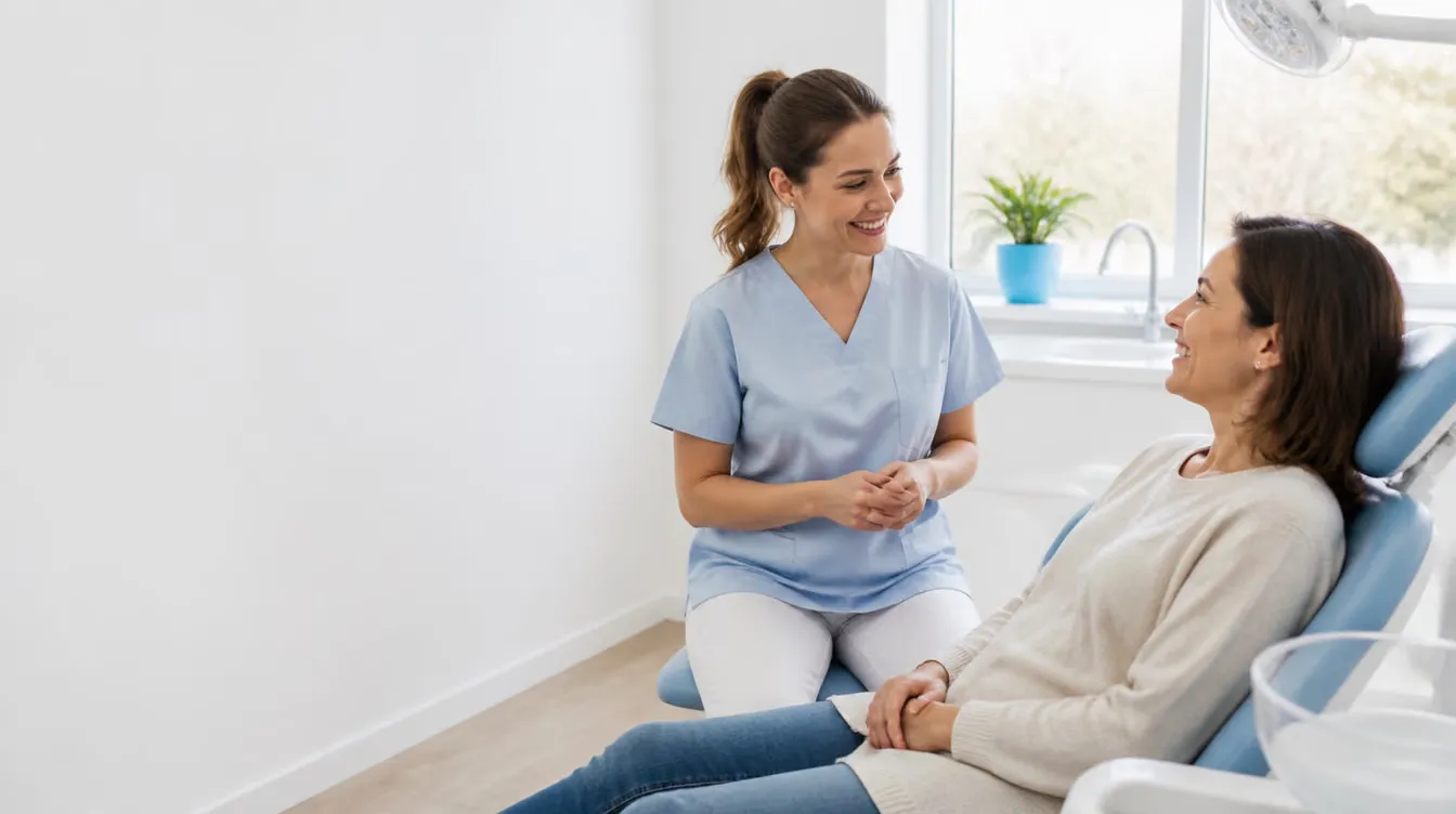 A hygienist chatting with a relaxed patient in a bright, sunlit dental operatory