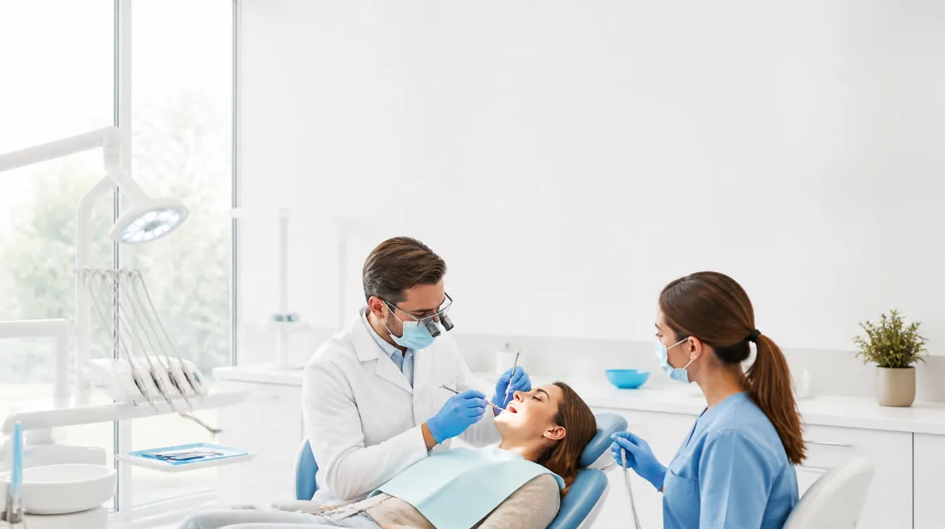 A dentist and assistant working with a patient in a bright white operatory