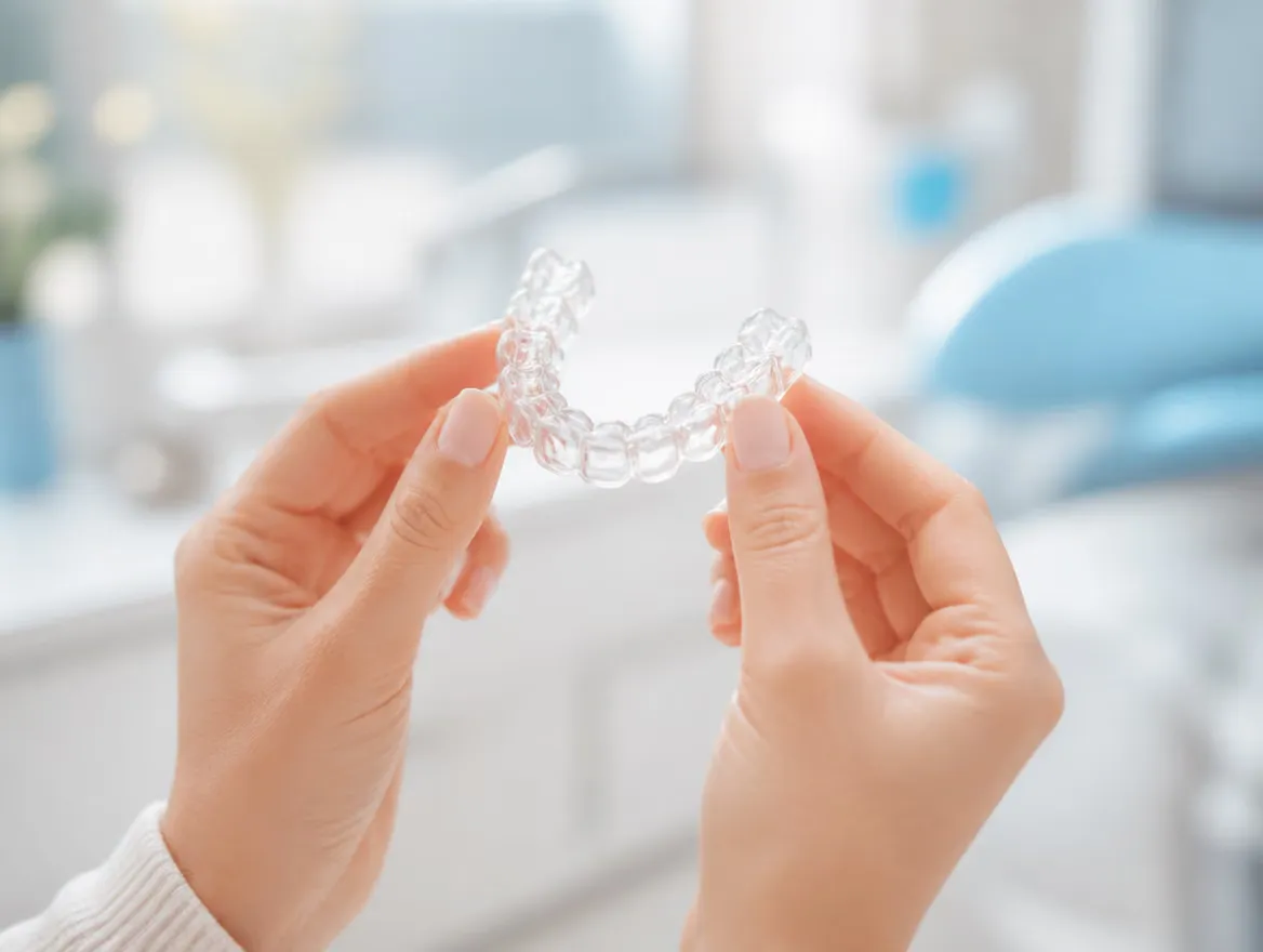 Hands holding a clear Invisalign aligner in soft bright light